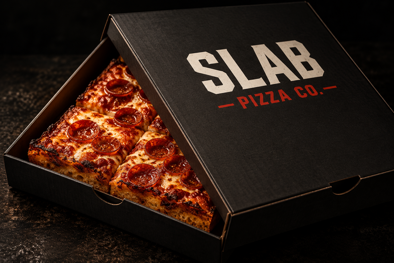 Slab Pizza Co black pizza box packaging