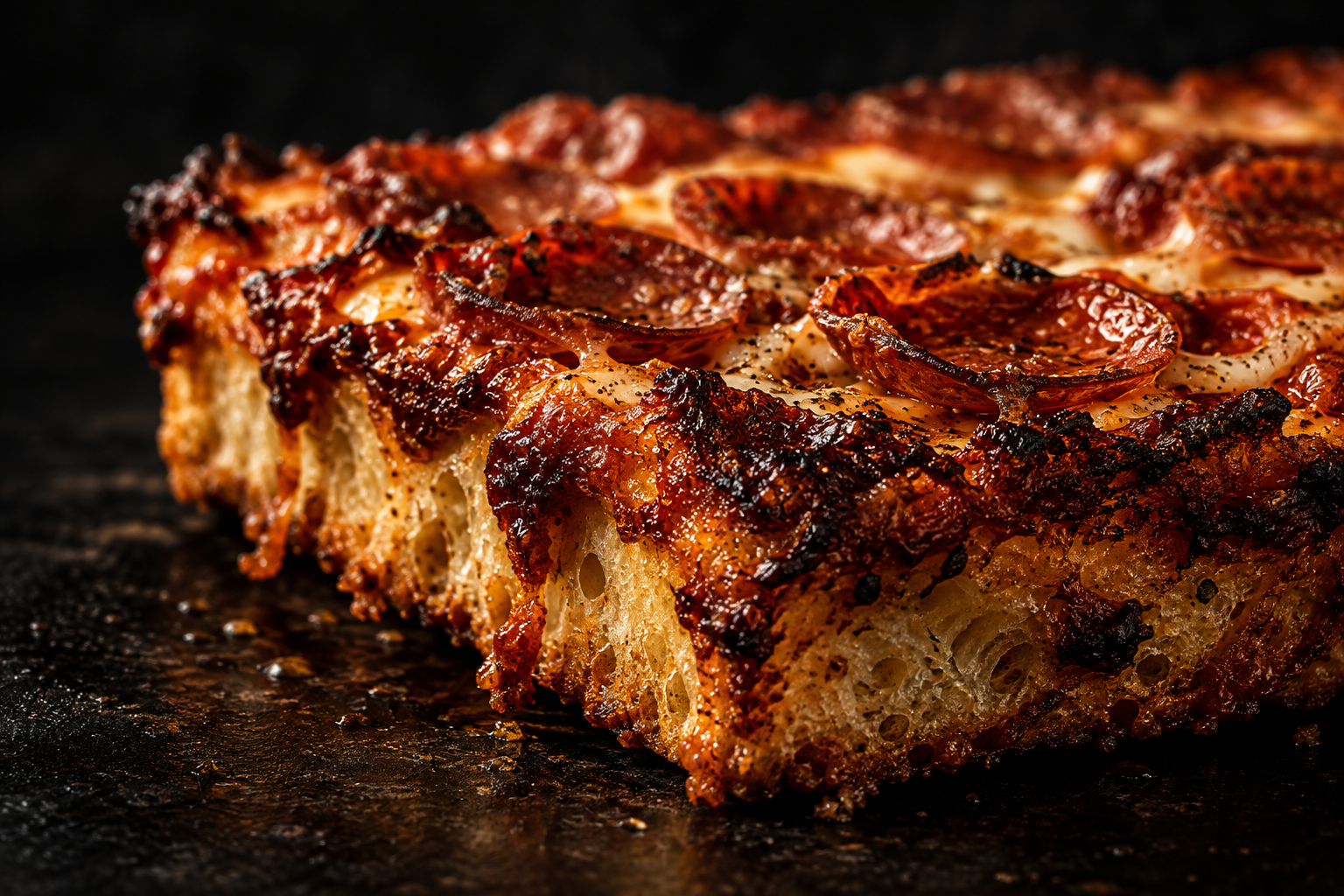 Thick Sicilian pizza crispy edge close-up
